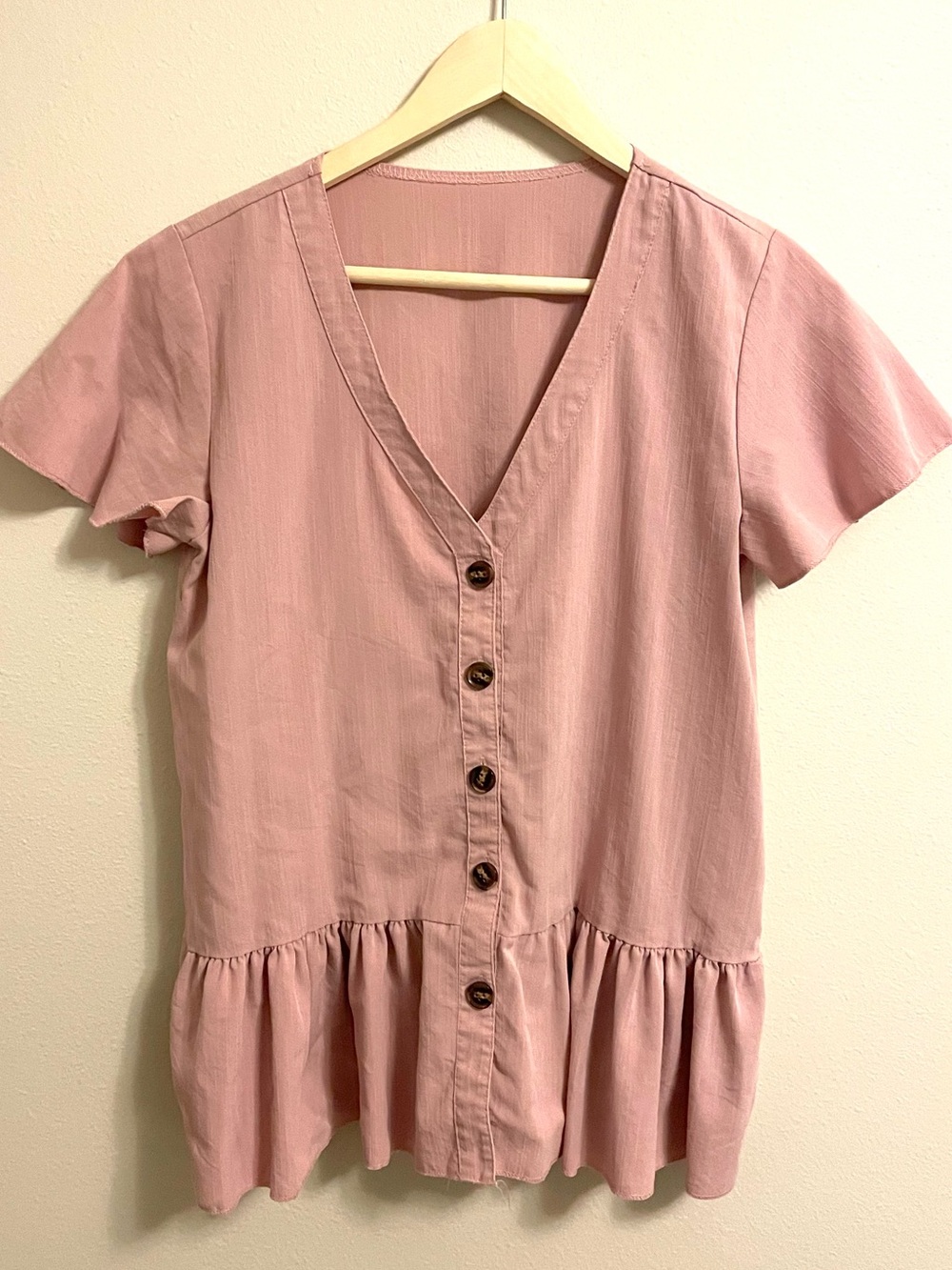 Soft Pink Peplum Button Front Top Romantic Ruffle Blouse V Neck - Size M
